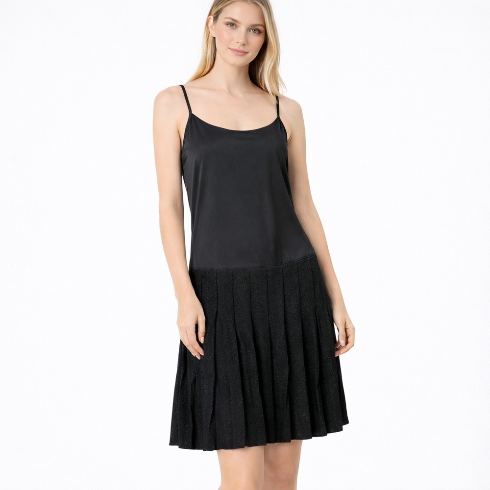 Italian Made Black Pleated Drop Waist Slip Dress Spaghetti Strap Swinger 40 US 4